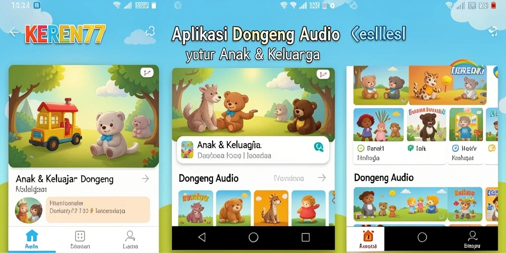 Tampilan antarmuka KEREN77 yang ramah anak dengan pilihan dongeng.