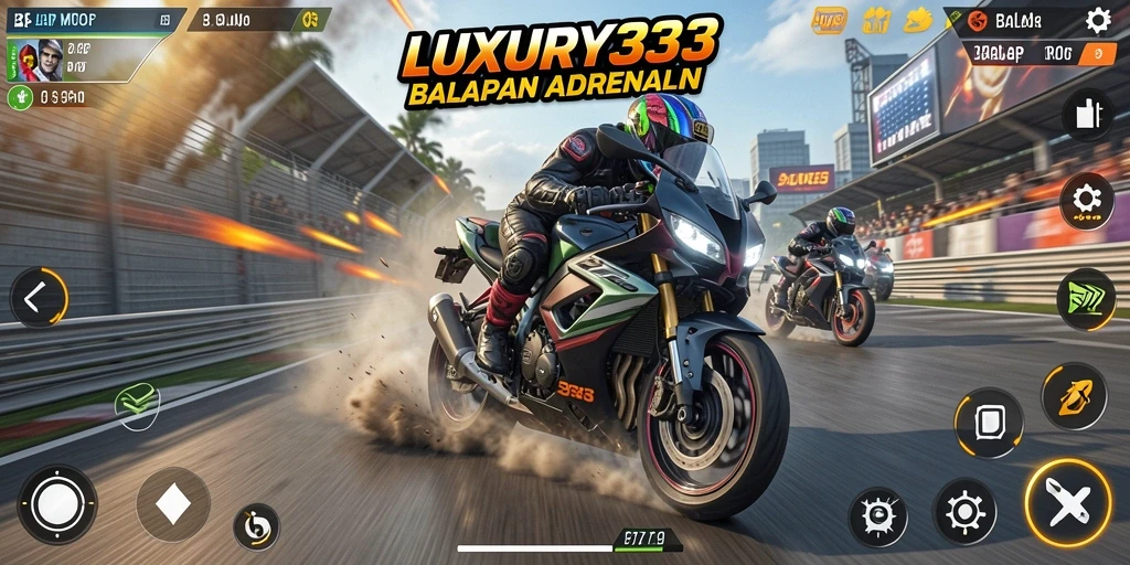 Tampilan antarmuka LUXURY333 saat balapan motor yang mendebarkan.